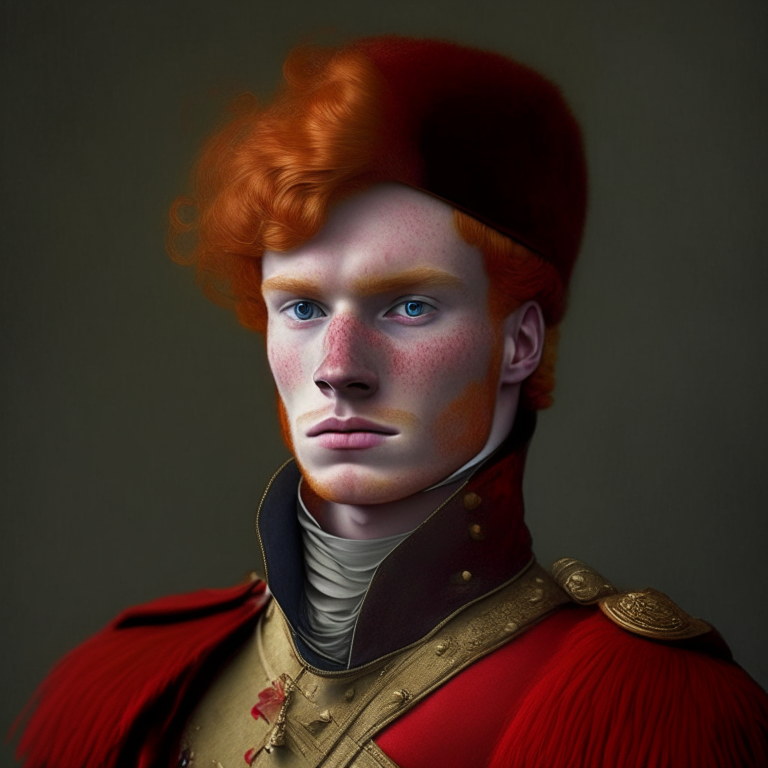 A handsome young man,he has ginger hair, he is bold, he wears a xviii century red soldier uniform, without tricorne, he is a god
