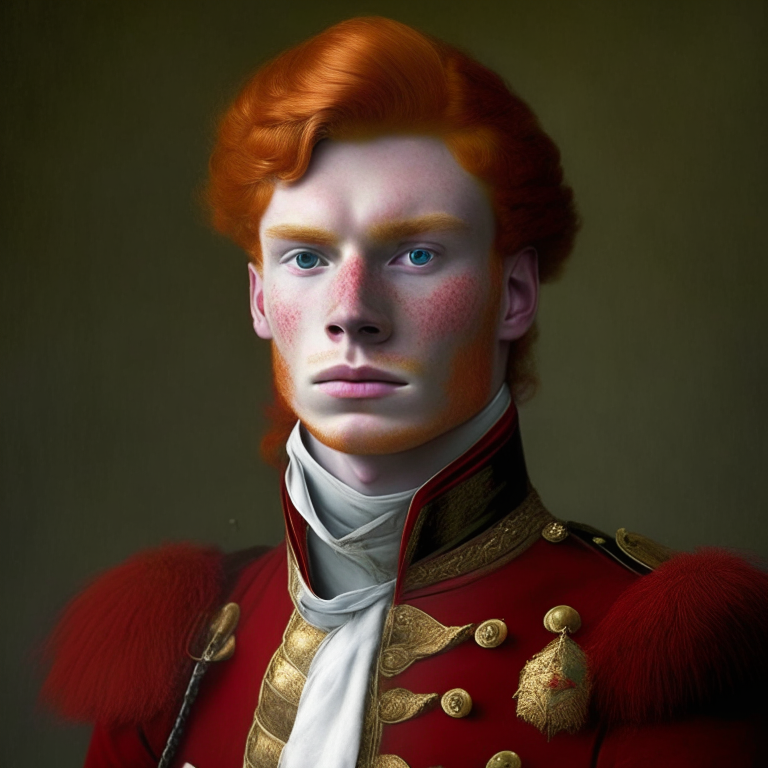 A handsome young man,he has ginger hair, he is bold, he wears a xviii century red soldier uniform, without tricorne, he is a god
