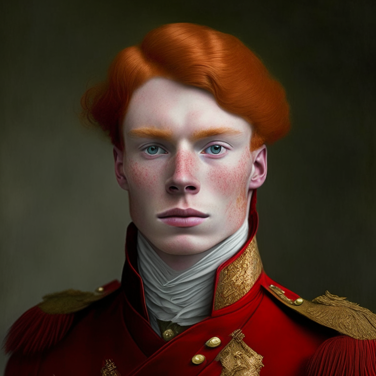 A handsome young man,he has ginger hair, he is bold, he wears a xviii century red soldier uniform, without tricorne, he is a god
