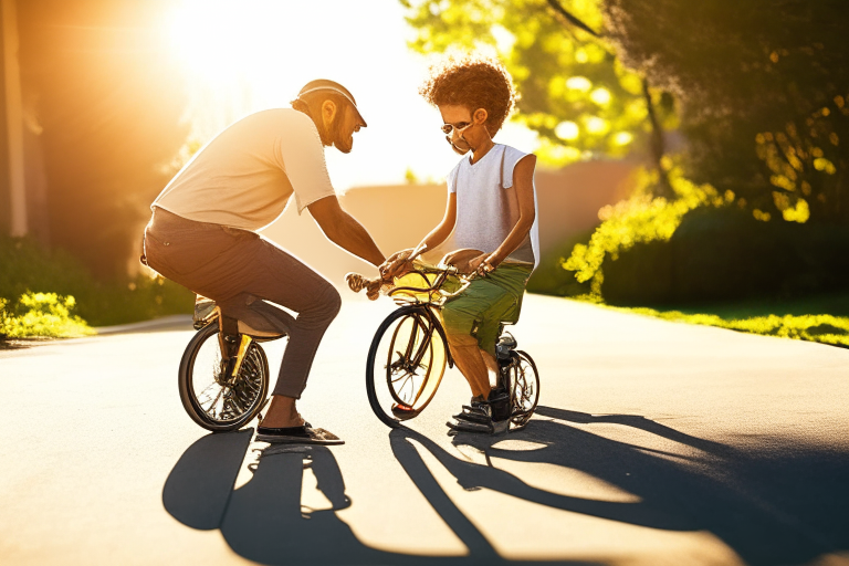 a father teaching his son how to ride a bike, training wheels, sunny day