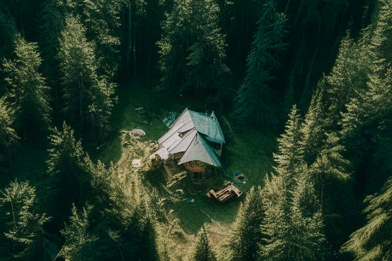 aerial view of a cabin in the woods surrounded by nature, family playing outside, spiritual