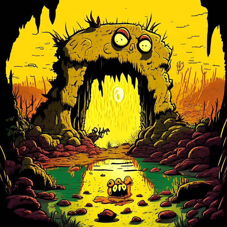 rock Nether portal, swamp, fallout 76 monsters, 8k, garfield comic style, dr.suess style, daytime sunny, happy