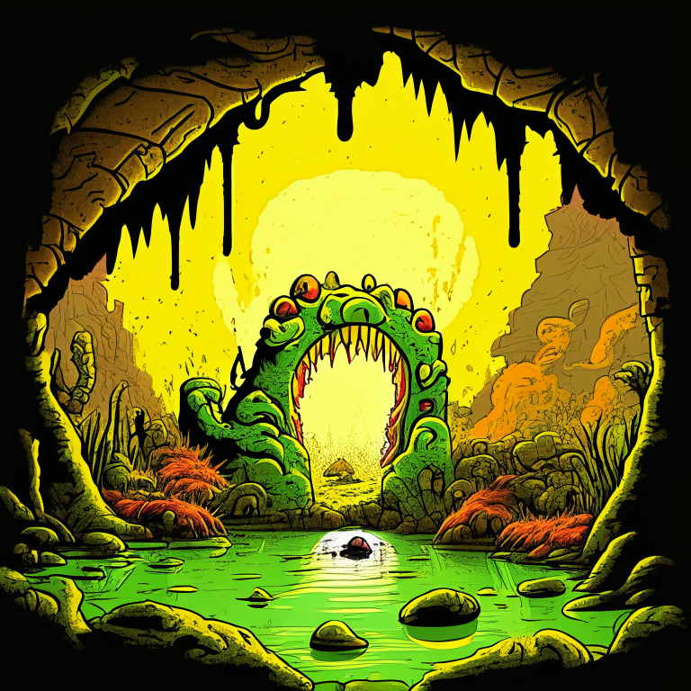 rock Nether portal, swamp, fallout 76 monsters, 8k, garfield comic style, dr.suess style, daytime sunny, happy