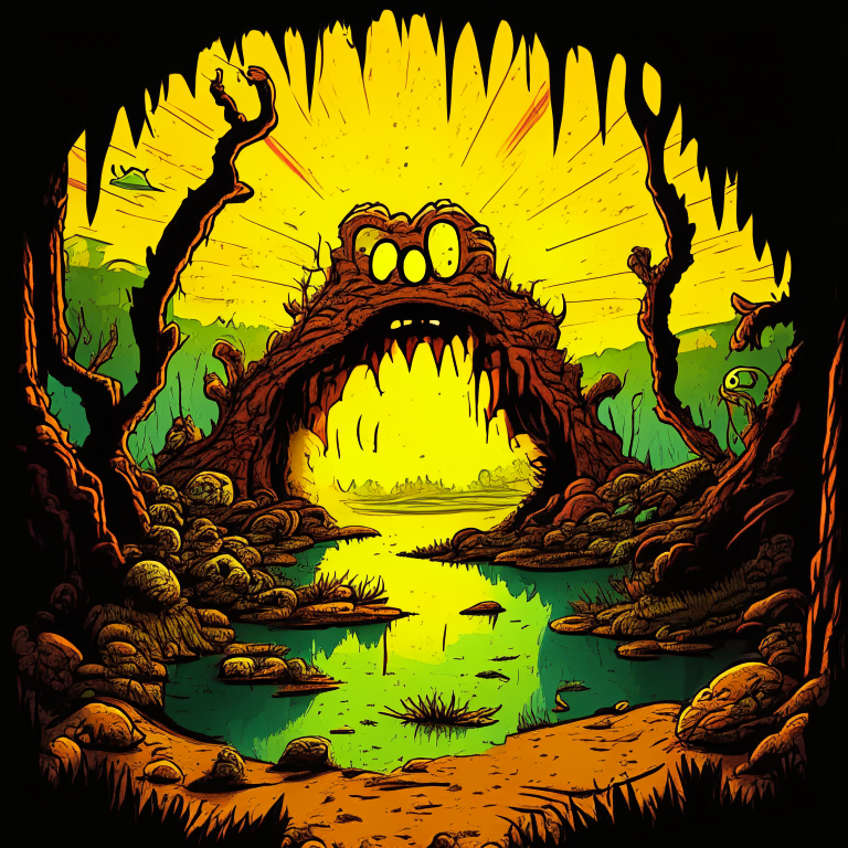 rock Nether portal, swamp, fallout 76 monsters, 8k, garfield comic style, dr.suess style, daytime sunny, happy