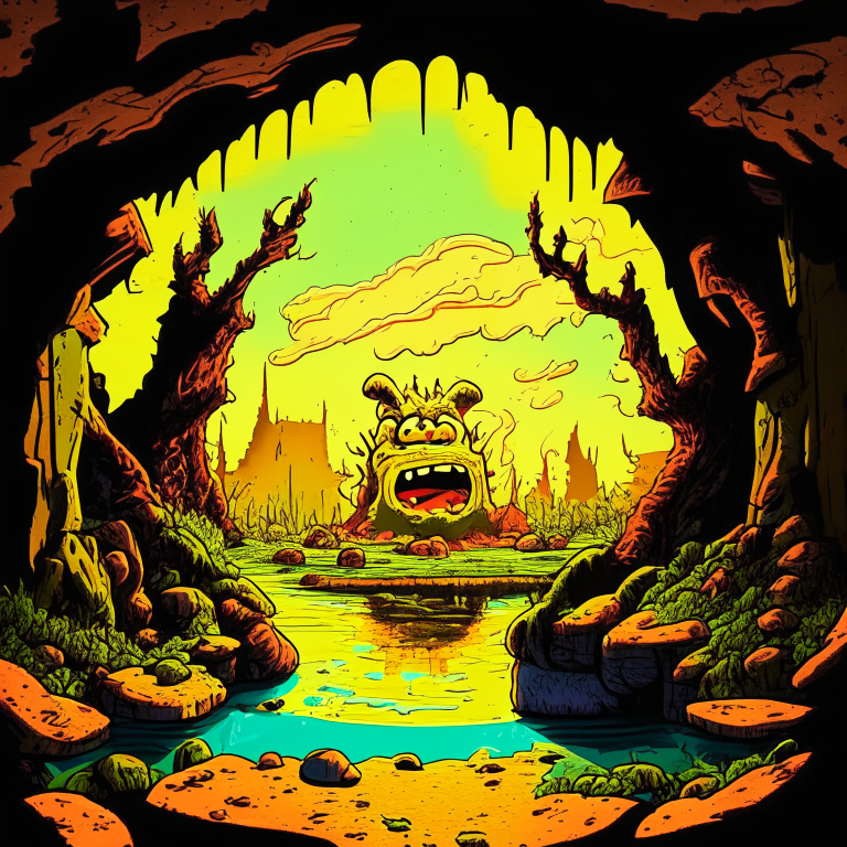 rock Nether portal, swamp, fallout 76 monsters, 8k, garfield comic style, dr.suess style, daytime sunny, happy