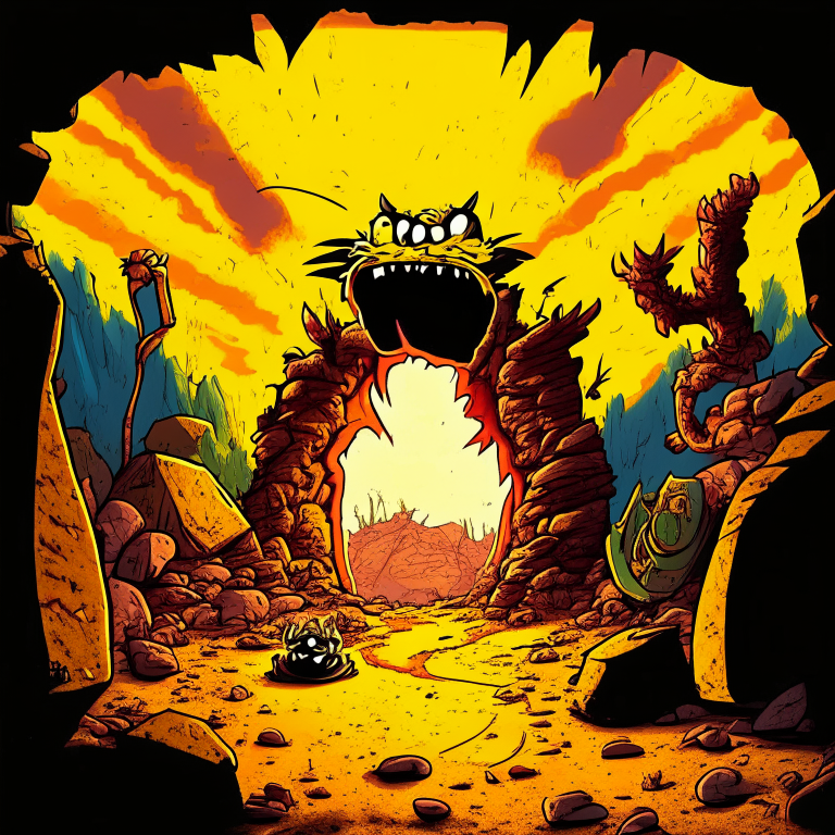 rock Nether portal, garbage dump, fallout 76 monsters, 8k, garfield comic style, dr.suess style, daytime sunny, happy