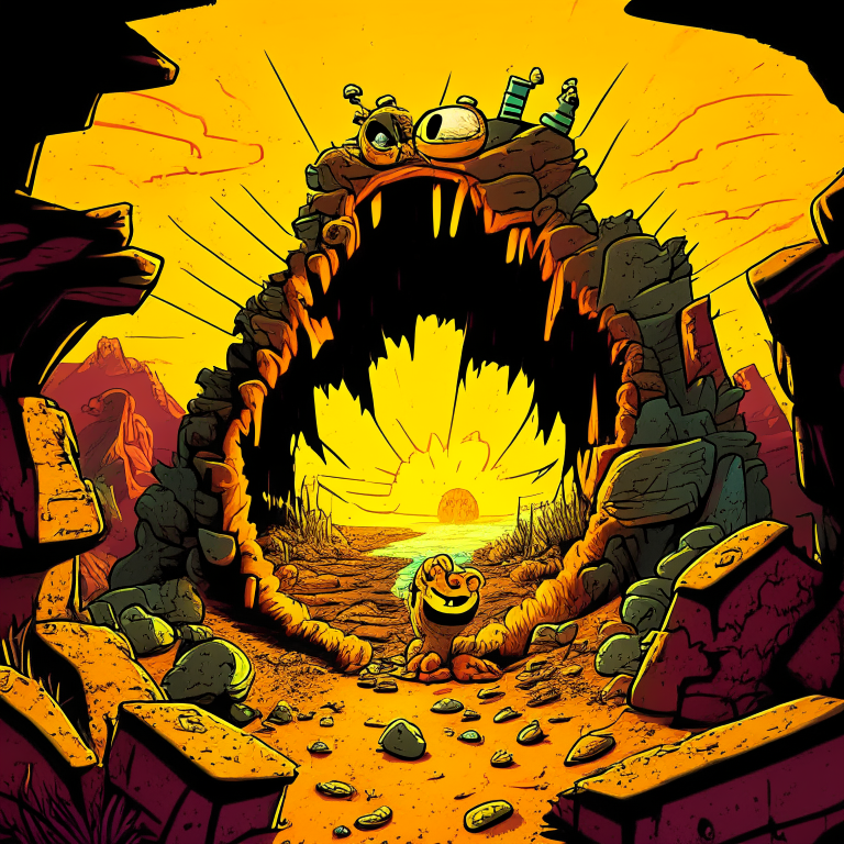 rock Nether portal, garbage dump, fallout 76 monsters, 8k, garfield comic style, dr.suess style, daytime sunny, happy