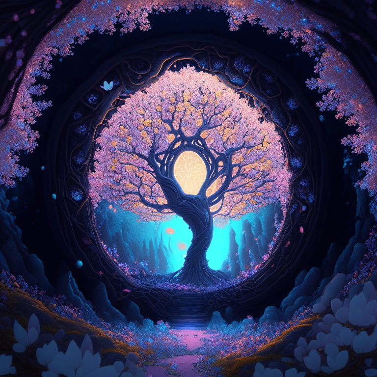 dendrite fractal nether portal, magic school bus,cherry blossom forest, 8k