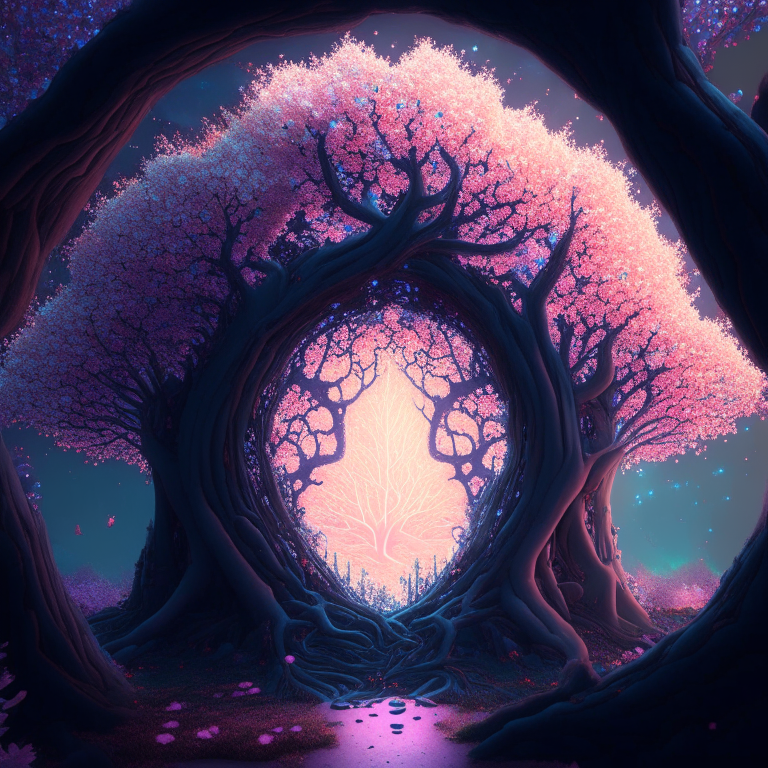 dendrite fractal nether portal, magic school bus,cherry blossom forest, 8k