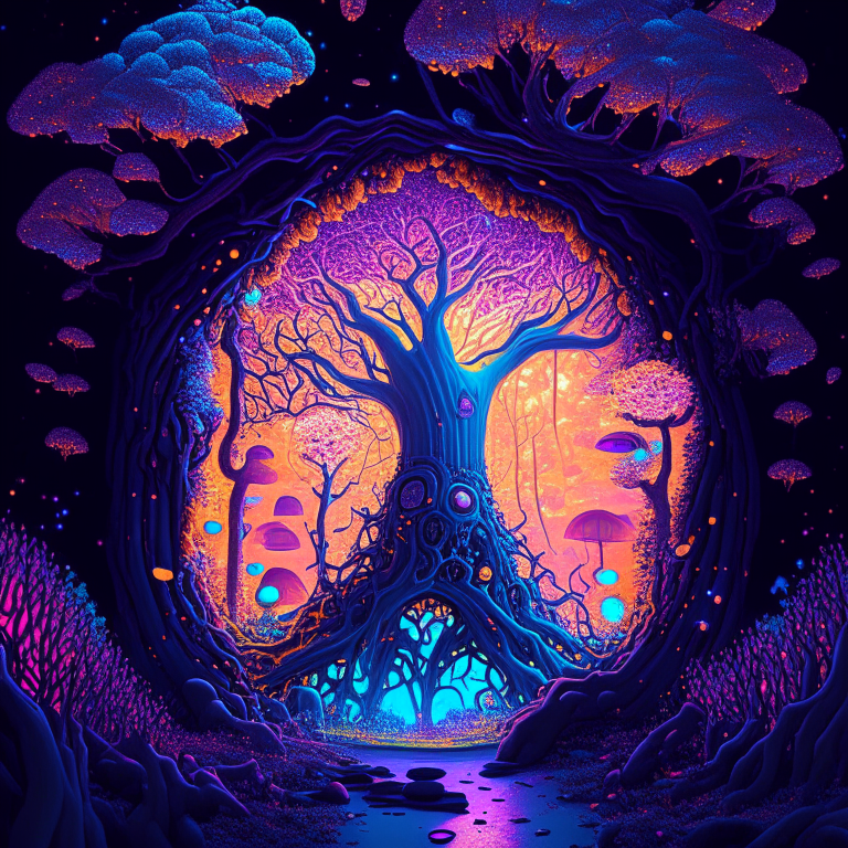 dendrite, nether portal, magic school bus,cherry blossom forest, 8k, psychedelic mushrooms