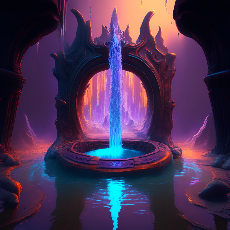 nether portal, magic, water fountain, factory, 8k, psychedelic
