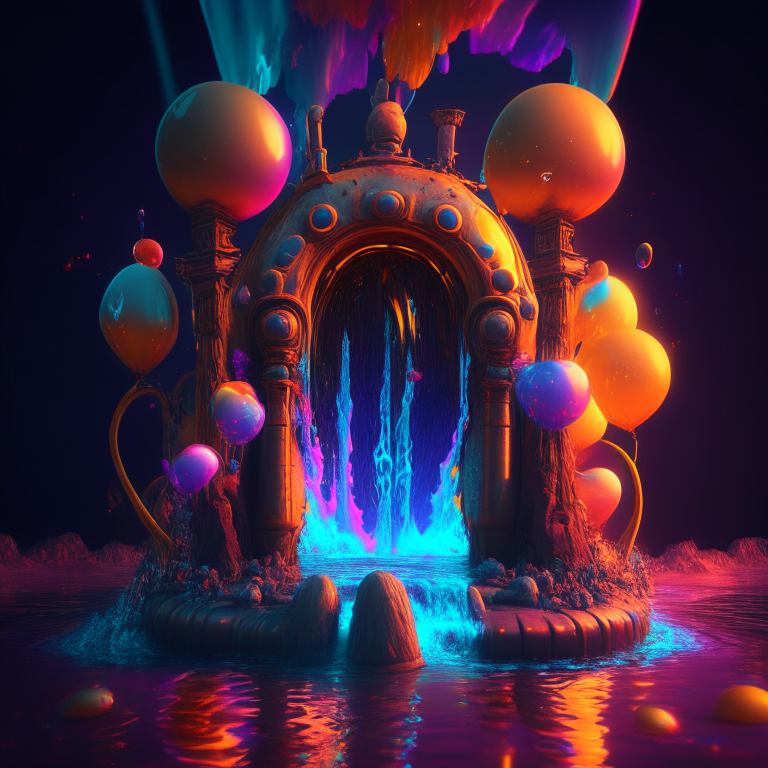 nether portal, magic, water fountain, balloons, 8k, psychedelic
