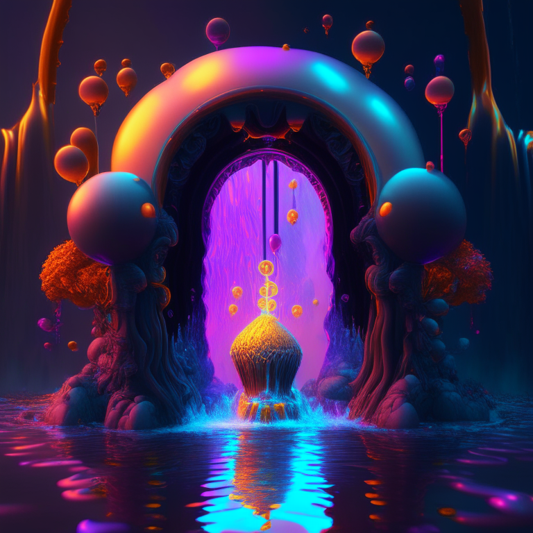 nether portal, magic, water fountain, balloons, 8k, psychedelic
