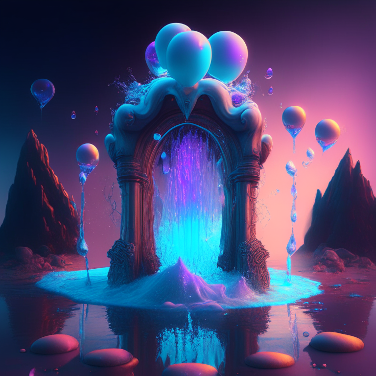 nether portal, magic, water fountain, balloons, 8k, psychedelic, ice frosty
