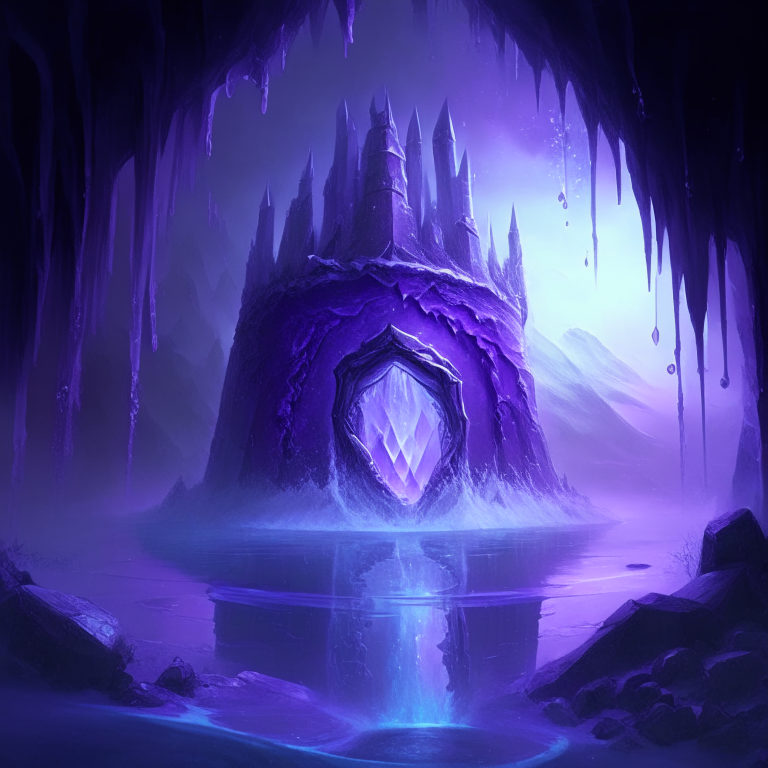 nether portal, magic, castle,water, helix, 8k, ice frosty, purple
