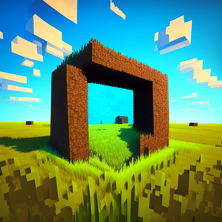 nether portal, ben-day dot, comic minecraft, grass, blue sky
