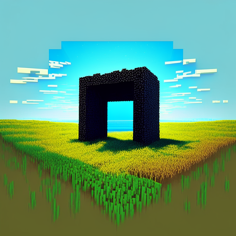 nether portal, half-tone dot effect, minecraft, grass, blue sky
