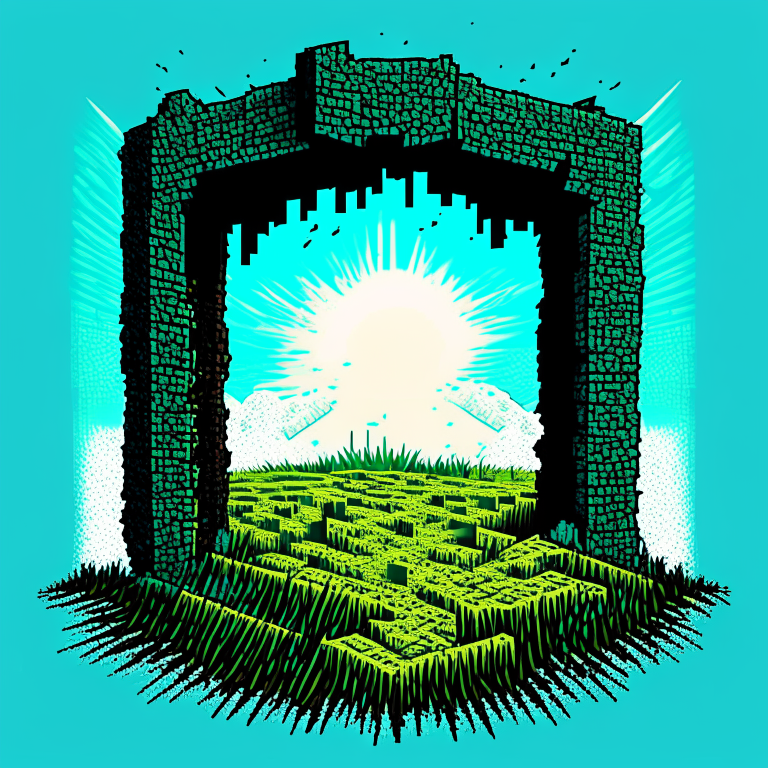 nether portal, half-tone dot effect, minecraft, grass, blue sky. comic style
