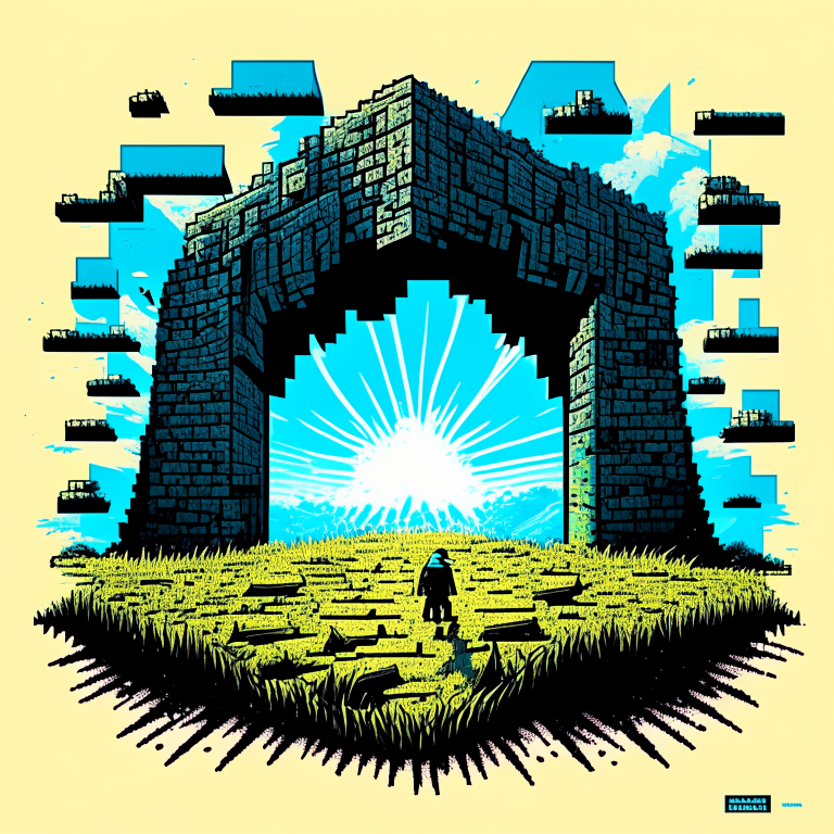 nether portal, half-tone dot effect, minecraft, grass, blue sky. comic style, super heroes
