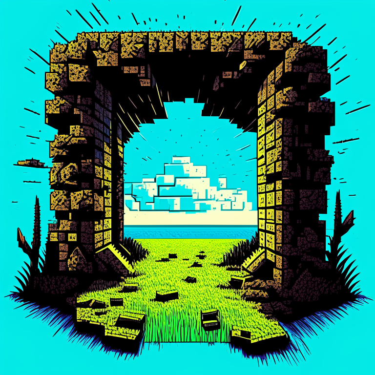 nether portal, half-tone dot effect, minecraft, grass, blue sky. comic style, super heroes
