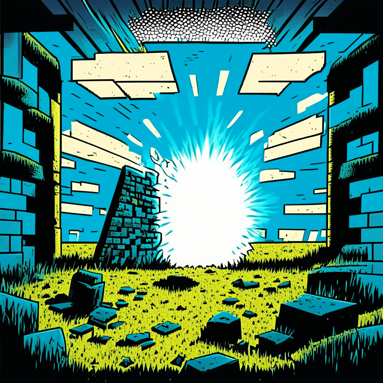 nether portal, half-tone dot effect, minecraft, grass, blue sky. comic style, super heroes, speech bubbles
