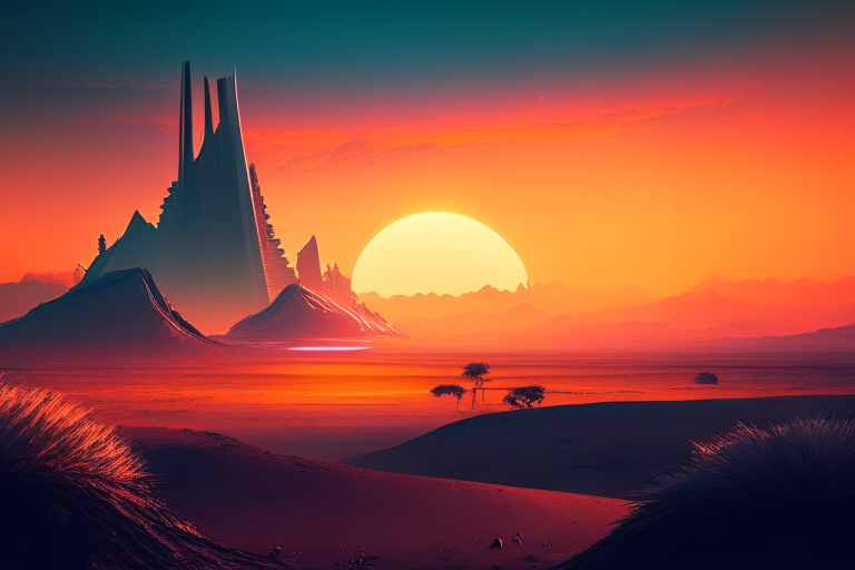 Futuristic landscape with sunset