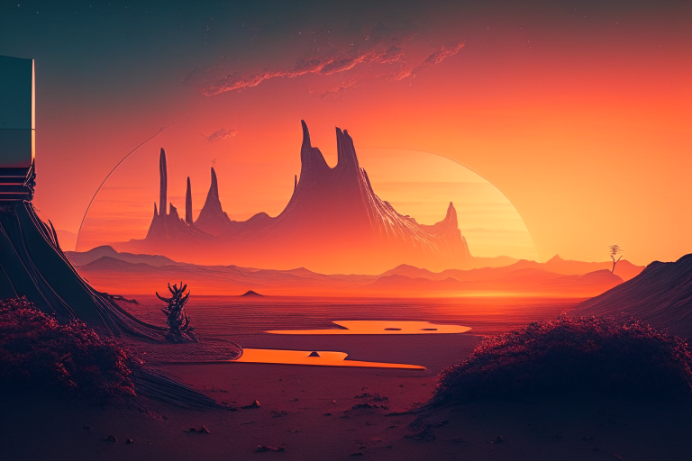 Futuristic landscape with sunset