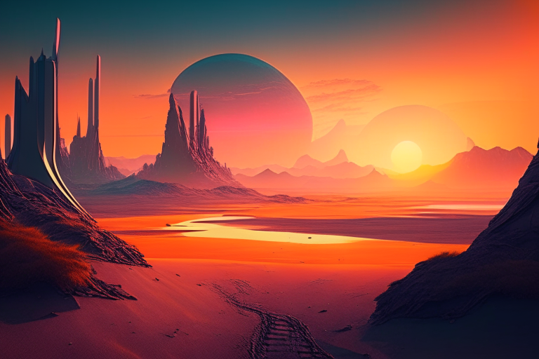 Futuristic landscape with sunset