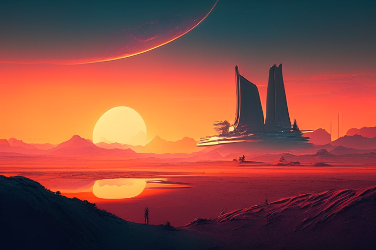 Futuristic landscape with sunset