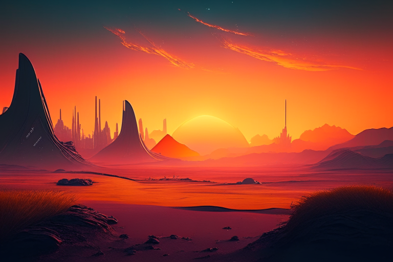 Futuristic landscape with sunset