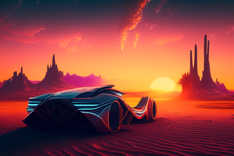 Futuristic landscape with sunset and futuristic car  ultra realistic, 4k, cinemetic, uhd