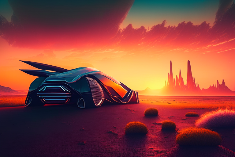 Futuristic landscape with sunset and futuristic car  ultra realistic, 4k, cinemetic, uhd