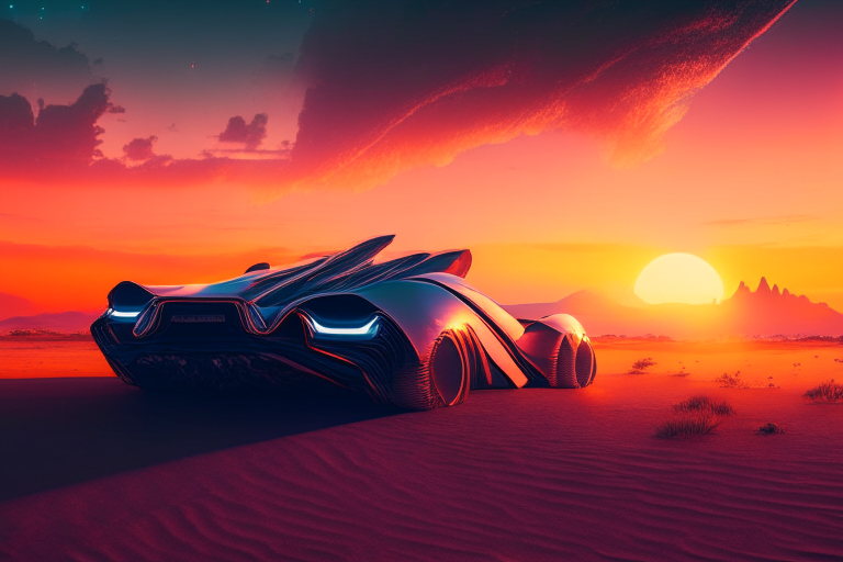 Futuristic landscape with sunset and futuristic car  ultra realistic, 4k, cinemetic, uhd