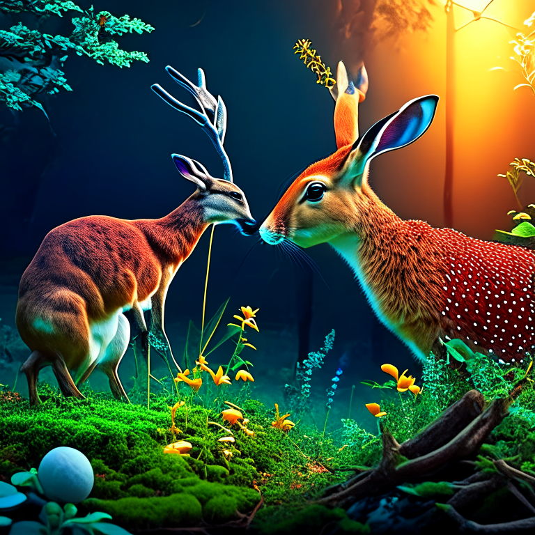 cute rabbit peter met a deer.  the deer eating something. sumatraism, 85mm, award winning photography, whole page illustration, digital art