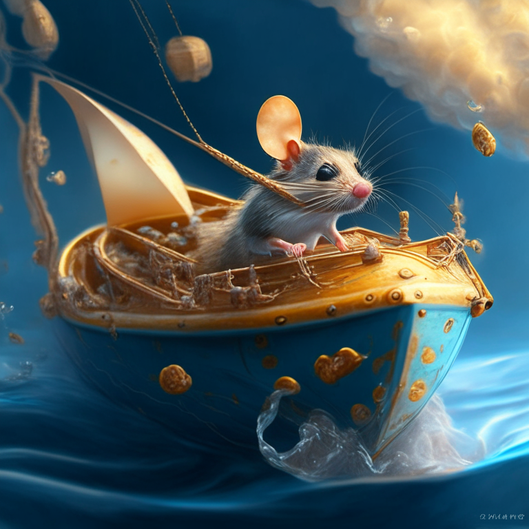 mouse in a boat made from nutshell, beautyful sea, dixit, some cheeses flying in the air, Marie Cardouat, detailed painting, sharp focus, emitting diodes, smoke, artillery, sparks, racks, system unit, motherboard, by pascal blanche rutkowski repin artstation hyperrealism painting concept art of detailed character design matte painting, 4 k resolution blade runner