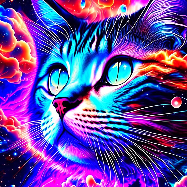 , psychedelic sky, clouds, shapes, swirls, stars, space, planets, bubbles, prism, dynamic lighting effects, highly detailed realistic cat face, vivid colours, dream, vintage, trippy, 