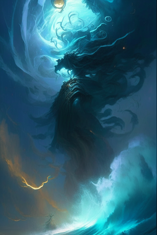 A stunning detailed tornado deity by Ivan Aivazovsky, Peter Mohrbacher , Greg Rutkowski, stormy ocean, beautiful lighting, full moon, detailed swirling water tornado, artstation