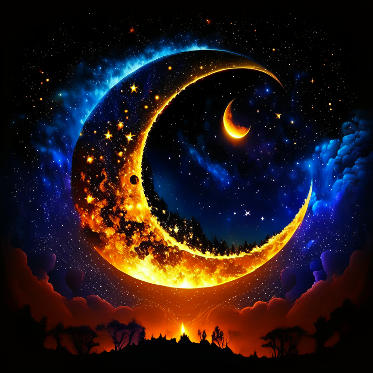 Night with crescent moon on fire