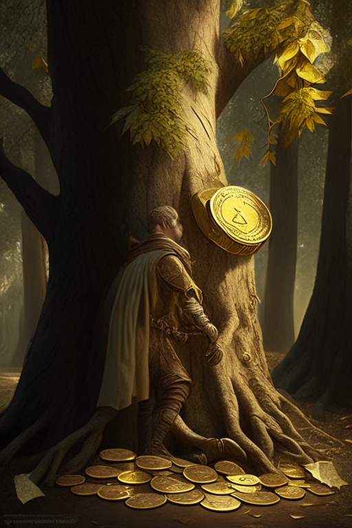 dinero saliendo de un arbol y monedas de oro y plar alrededor de su tronco