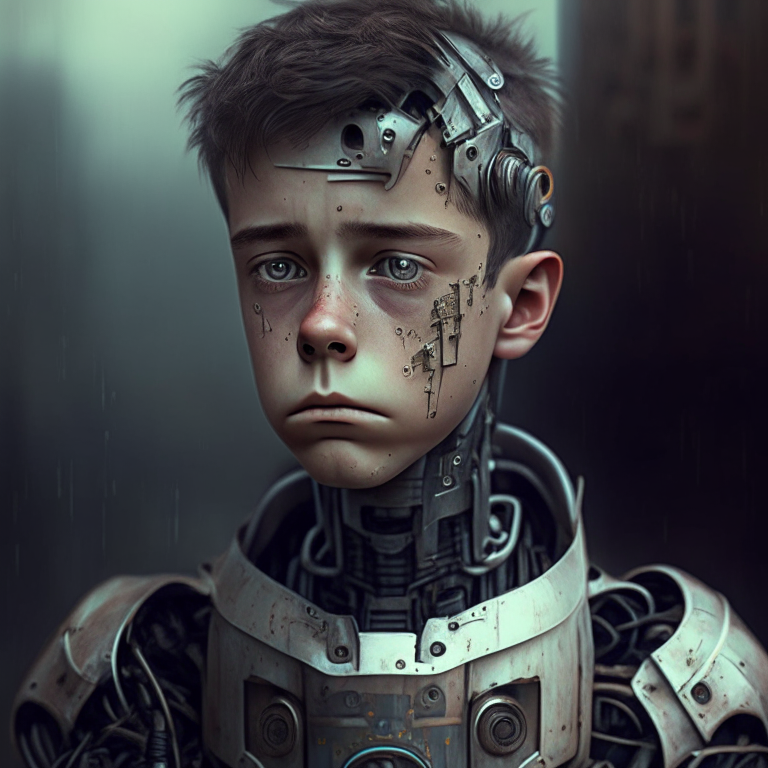 A robot very similar to human in a time machine, he is young, he look a bit sad 