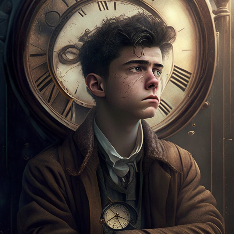 A young man, he is a genius, he is in a time machine, he look a bit sad