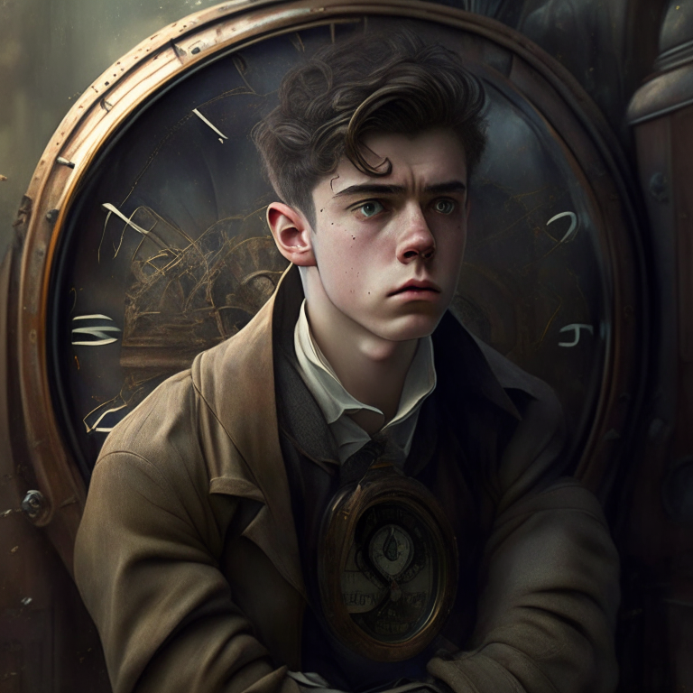 A young man, he is a genius, he is in a time machine, he look a bit sad