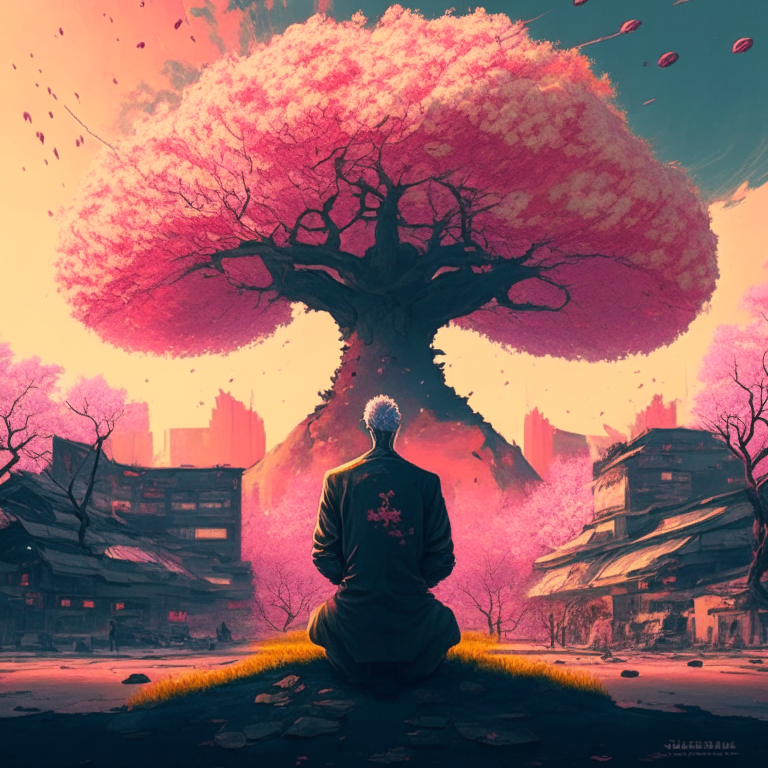 stoic grand master standing before a nuclear explosion that wipes out a whole city while meditating under a calm and fruitfull cherry tree