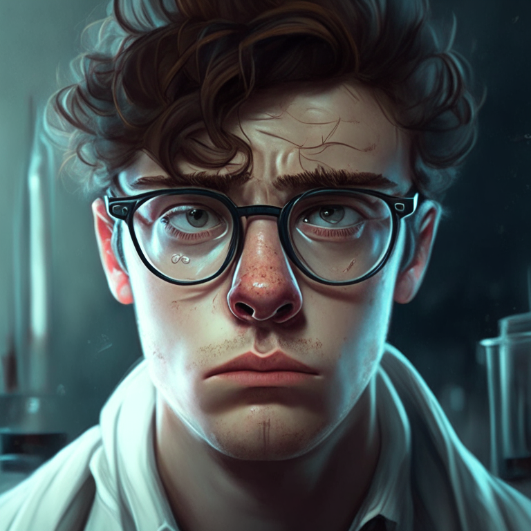 A young scientist, he wears glases, he look worried and tired