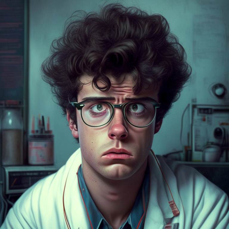 A young 80's scientist , he look worried and tired