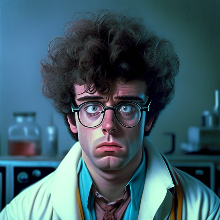 A young 80's scientist , he look worried and tired