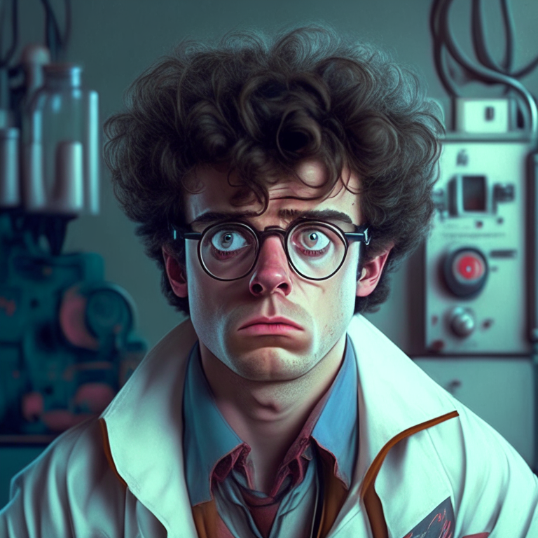 A young 80's scientist , he look worried and tired