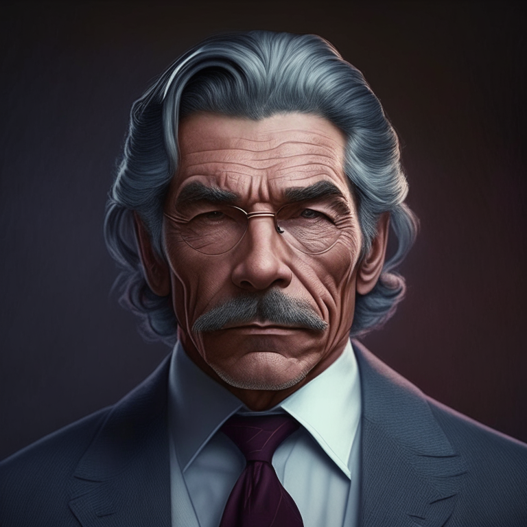 A fifty year old man, he is a lawyer, 80's era, he looks serious but he is a good person