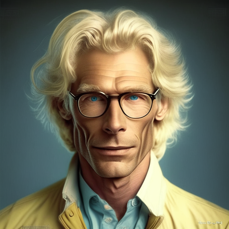 “A fifty five year old man, he is a scientist, 80's era, he is blonde, he is nice person”