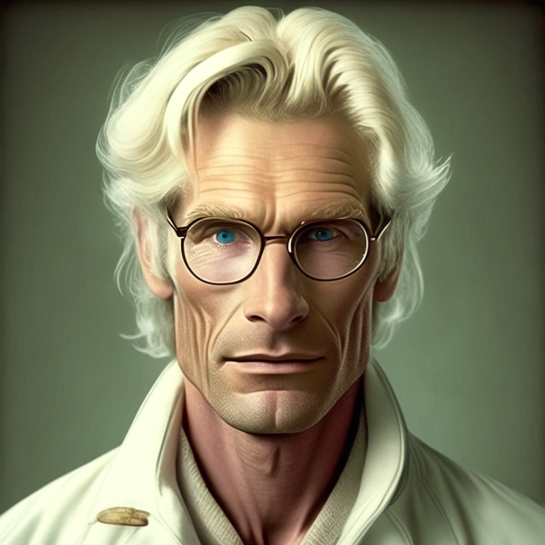 “A fifty five year old man, he is a scientist, 80's era, he is blonde, he is nice person”